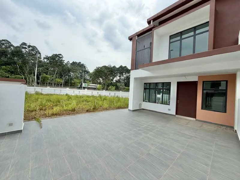 Exterior type: detached bungalow; features: grey tiled flooring, white painted walls, brown accent wall, large windows, double-door main entrance, manicured landscaping, surrounded by greenery, concrete pathway, open outdoor space, two-storey structure; style: modern.