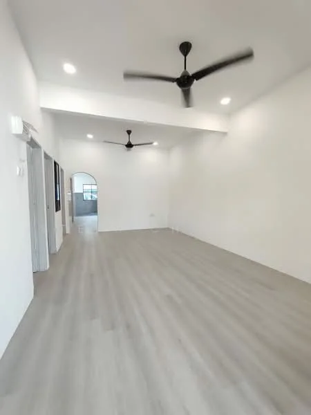 Room features: white painted walls, laminate flooring, 2 ceiling fans, recessed downlights, arched doorway, open space layout; style: modern.