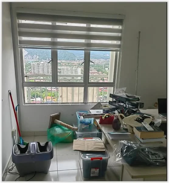 Room features: floor-to-ceiling windows, roller blinds, white painted walls, ceramic tile flooring, cluttered workspace with various items, view of city skyline, plastic storage bins, wooden items, cleaning supplies, office equipment; view: city.