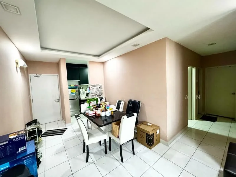 Dining features: white walls, tile flooring, dining table with four chairs, recessed ceiling, door leading to hallway, door leading to kitchen, kitchen visible in background, boxes and items on the floor. Kitchen features: green cabinetry, stainless-steel refrigerator, stainless-steel appliances, countertop with items, open layout to dining area. Hallway features: white walls, tile flooring, door leading to another room.