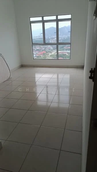 Room features: white painted walls, glossy ceramic tile flooring, floor-to-ceiling windows, city view, neutral color scheme; style: modern; view: city.