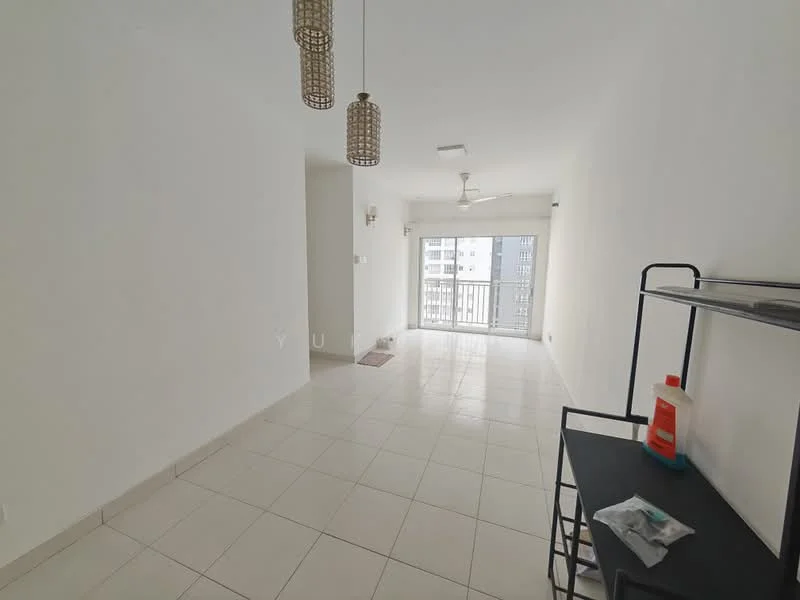 Living features: white painted walls, glossy tile flooring, ceiling fan, floor-to-ceiling windows, sliding glass door, balcony access, hanging pendant lights, open layout, black metal shelving unit, small entry mat; style: modern; view: city.