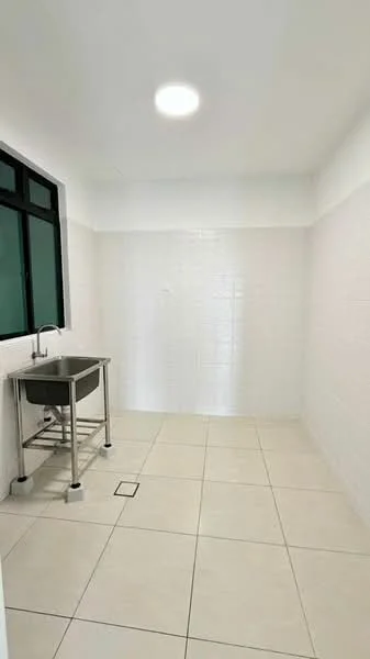 Laundry features: white tiled walls, white tiled flooring, stainless-steel laundry sink, metal sink stand, single overhead light fixture, large window for natural light, empty space for appliances, neutral color scheme; style: modern.