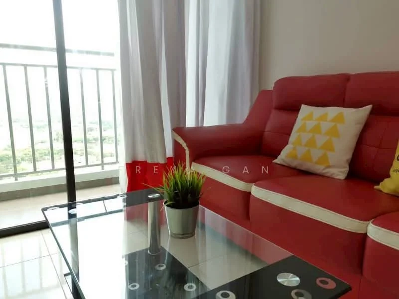 Living features: red leather sofa with white trim, yellow geometric patterned cushion, glass coffee table with black and white accents, floor-to-ceiling sliding glass door, curtains in white fabric, tile flooring, potted plant on coffee table, view of outdoor greenery; style: modern; view: garden.