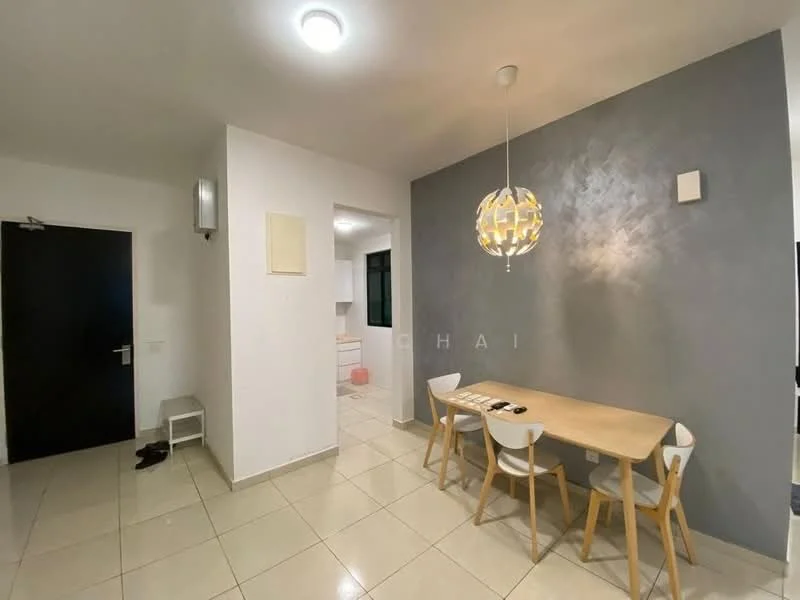 Dining features: white painted walls, grey accent wall, tile flooring, round dining table, 4 white dining chairs, pendant light fixture, wall-mounted light, open layout to kitchen, doorway to hallway; style: modern. Room features: white painted walls, tile flooring, doorway to kitchen, black door, wall-mounted light.