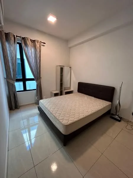 Bedroom features: queen-size bed, cream upholstered headboard, white painted walls, floor-to-ceiling window, grey curtains, tile flooring, nightstand, full-length mirror, lamp, light fixture in ceiling; style: modern.