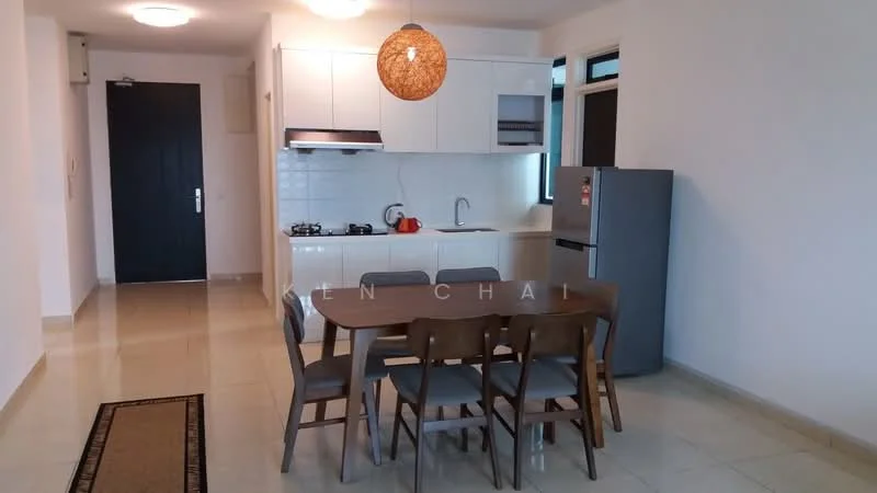 Kitchen features: white cabinetry, stainless-steel sink, chrome pull-down faucet, gas hob, built-in oven, refrigerator, pendant light, tile backsplash, cream tiled flooring, dining table with 6 chairs, window with natural light; style: modern. Living features: open-plan layout, cream tiled flooring, wall-mounted light fixture, neutral wall color; style: modern.