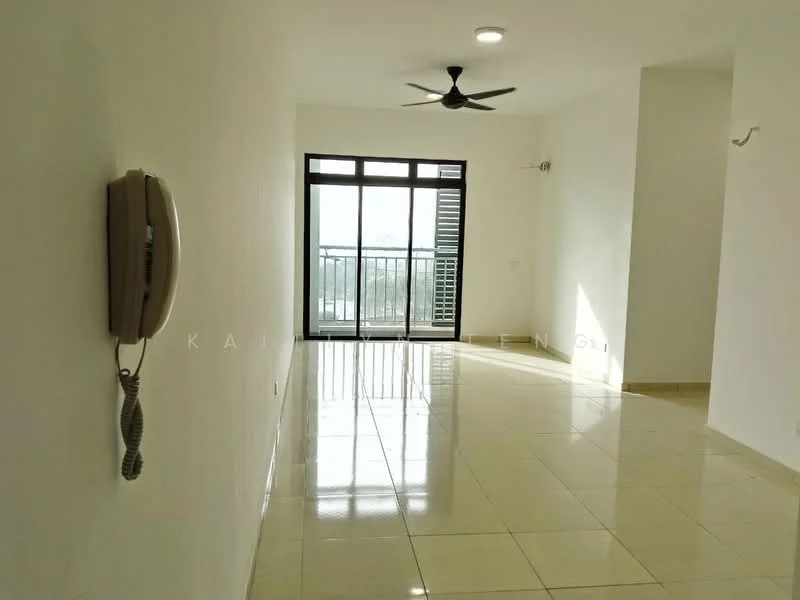 Living features: white painted walls, glossy ceramic tile flooring, 5-blade ceiling fan with light, floor-to-ceiling windows, sliding glass door, balcony access, intercom system, natural light, neutral color scheme; style: modern; view: city.