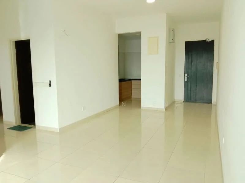 Room features: white painted walls, cream tiled flooring, recessed downlights, door with metal frame, open layout, no visible furniture, neutral color scheme, large entryway; style: modern.