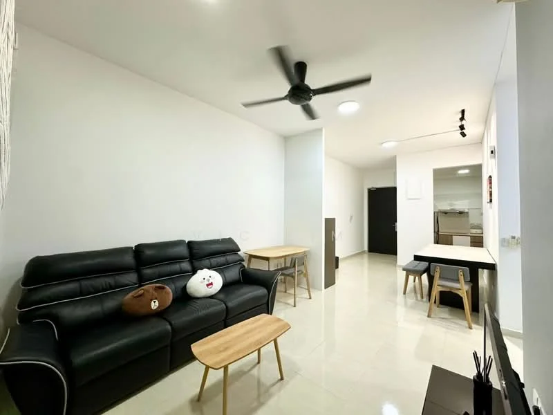 Living features: black leather sofa, wood coffee table, ceiling fan, white painted walls, glossy tile flooring, wall-mounted TV, dining table with chairs, decorative cushions; style: modern.