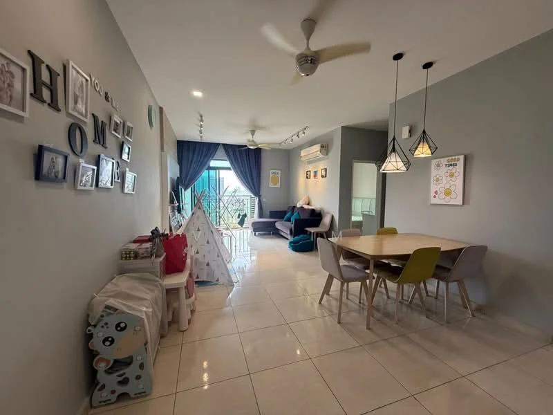 Living features: white painted walls, grey accent wall, glossy tile flooring, 5-blade ceiling fan, sofa in teal, dining table with 6 chairs, decorative wall frames, floor-to-ceiling windows, curtains, children's play tent, air conditioning unit, decorative light fixtures; style: modern; view: garden.