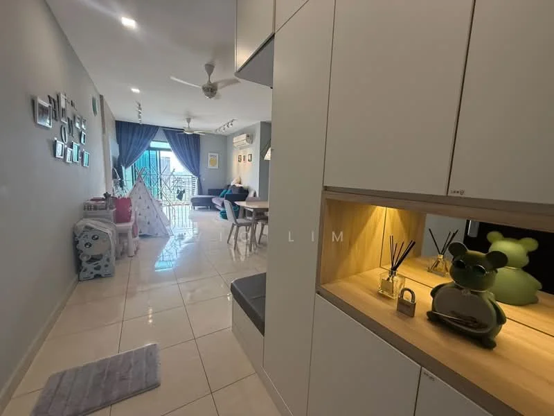 Room features: white painted walls, glossy tile flooring, ceiling fan, recessed downlights, large sliding glass door, curtains, decorative wall art, open shelving, decorative figurines, dining table with chairs, play tent, area rug; style: modern; view: garden.