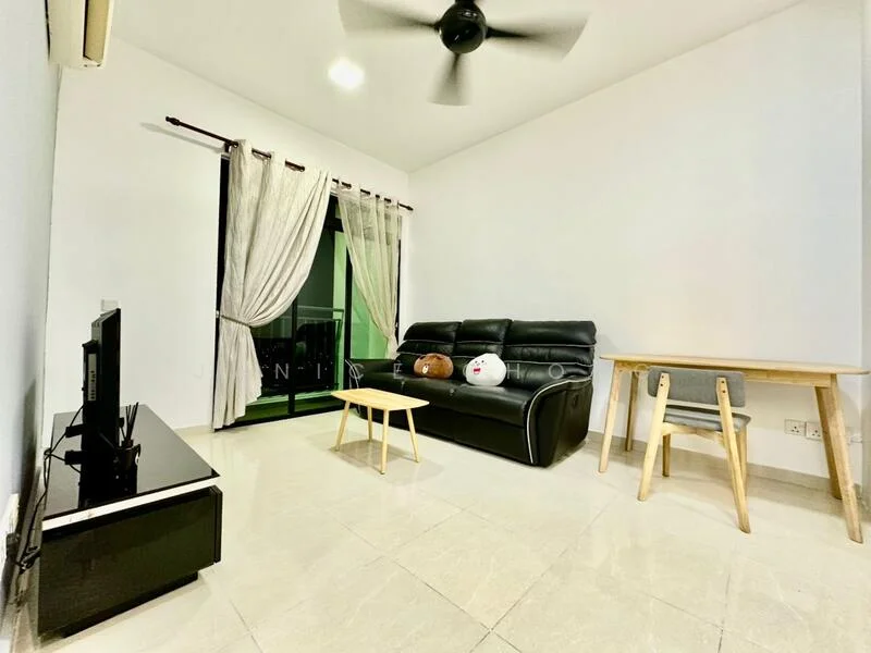 Living features: black leather sofa, light wood coffee table, black TV console, wall-mounted TV, floor-to-ceiling windows, sheer curtains, white painted walls, polished ceramic tile flooring, ceiling fan with light; style: modern; view: city.