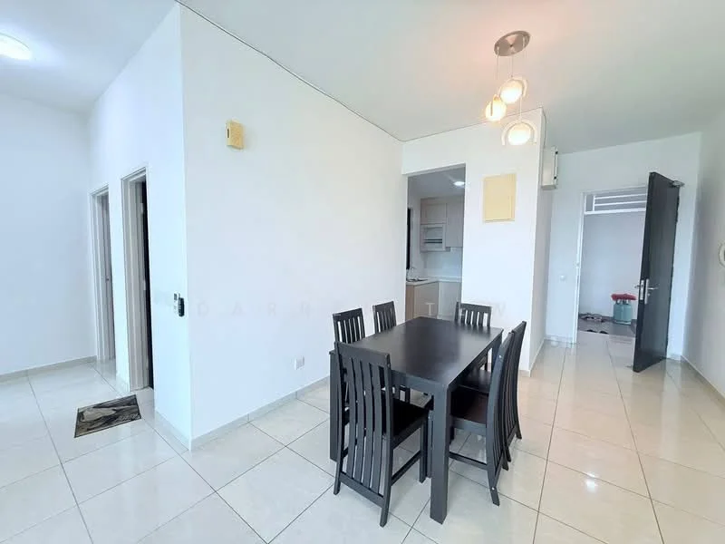 Dining features: 6-seater dining table, black wooden dining chairs, white painted walls, tile flooring, recessed ceiling lights, pendant light fixture, open layout to kitchen, doorway to hallway; style: modern. Kitchen features: white cabinetry, countertop with backsplash, built-in appliances, open layout to dining area; style: modern. Hallway features: white painted walls, tile flooring, doorway to other rooms; style: modern.
