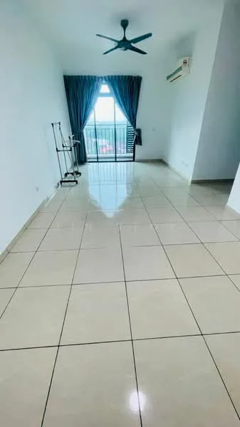 Living features: white painted walls, glossy ceramic tile flooring, 5-blade ceiling fan, floor-to-ceiling windows, sliding glass door, curtains, air conditioning unit, open layout; style: modern; view: city.