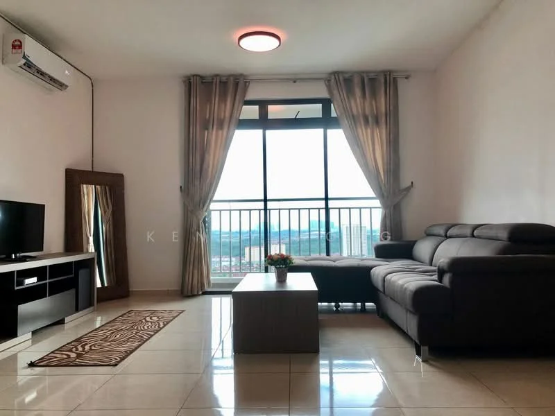 Living features: 3-seater leather sofa, coffee table, TV console, wall-mounted TV, area rug with geometric pattern, floor-to-ceiling windows, curtains, wall-mounted split AC, decorative mirror, light-colored walls, glossy tile flooring, city view; style: modern; view: city.