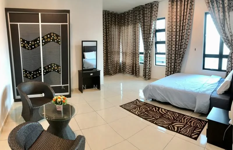 Bedroom features: king-size bed with white bedding, black wooden bedside table, wall-mounted TV, floor-to-ceiling windows, sheer curtains, patterned blackout curtains, decorative area rug with zebra pattern, glass-top coffee table, two wicker chairs, built-in wardrobe with decorative panels, cream painted walls, glossy tile flooring; style: modern; view: city.