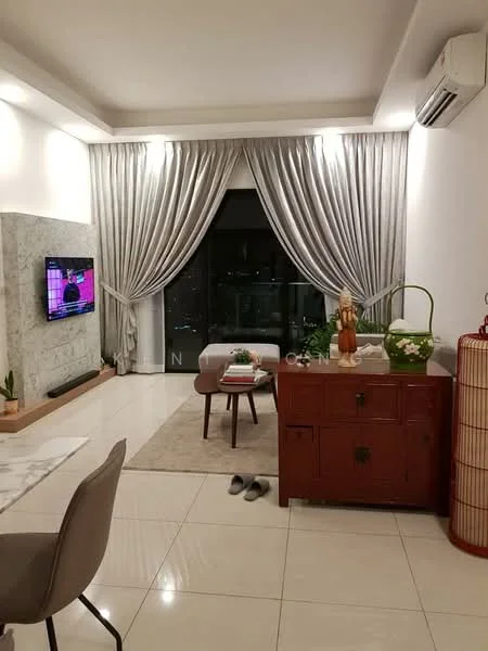 Living features: floor-to-ceiling windows, grey sheer curtains, white walls, marble accent wall, recessed downlights, wall-mounted TV, light-coloured area rug, cream tiled flooring, wooden side table, decorative plant, red wooden cabinet, slippers on floor; style: modern; view: city.
