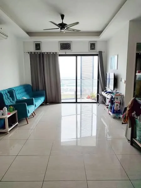 Living features: 3-seater fabric sofa in teal, white coffee table, floor-to-ceiling sliding glass door, curtains in grey, wall-mounted TV, ceiling fan with light, recessed downlights, glossy tile flooring, decorative wall art, potted plants, open shelving unit, area rug; style: modern; view: city.
