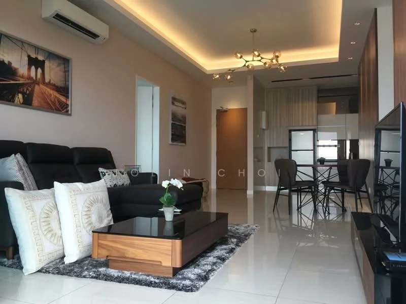 Living features: 3-seater black leather sofa, 2 decorative cushions, wooden coffee table with glass top, area rug with geometric pattern, wall-mounted TV, TV console, chandelier with multiple bulbs, recessed downlights, air conditioning unit, decorative wall art, open dining area in background, glass dining table with metal chairs; style: modern.