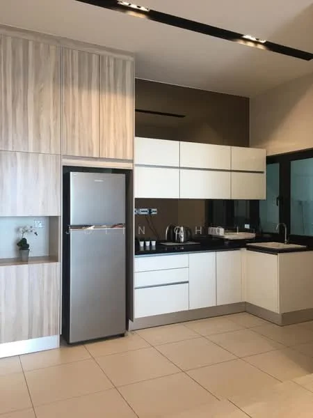 Kitchen features: stainless-steel fridge, black countertop, white cabinetry with flat-panel design, wood grain cabinetry, built-in kettle, built-in sink with chrome faucet, glass backsplash, tile flooring, recessed lighting, large window for natural light; style: modern.