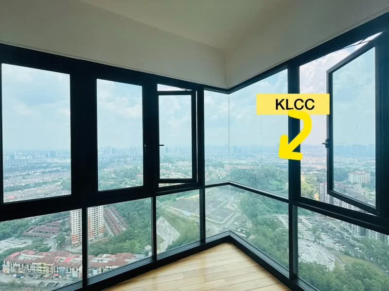 Room features: floor-to-ceiling windows, black window frames, wooden flooring, city skyline view, open layout, natural light, corner unit, panoramic view; style: modern; view: city.