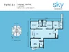 Floor plan: 3-bedroom 2-bathroom unit; features: open-plan kitchen-dining-living, master bedroom with ensuite bathroom, bedroom 2 with shared bathroom, utility room, balcony off living room, central foyer, 1 car porch, 1,250 sqft built-up.