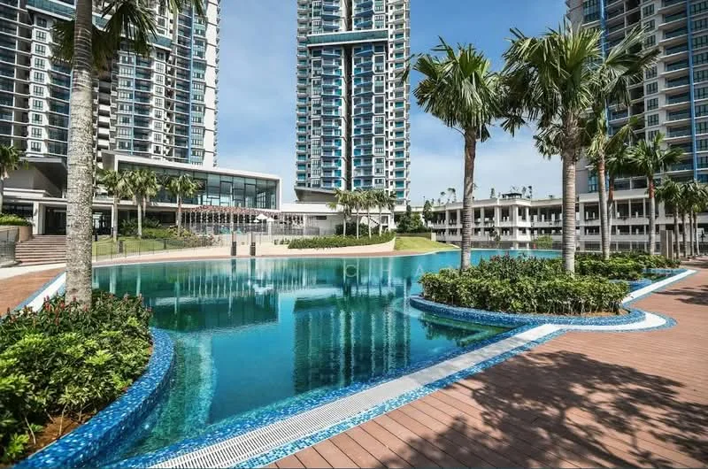 Exterior type: high-rise condominium; features: infinity pool, pool deck with loungers, landscaped garden, palm trees, manicured lawn, modern architectural design, surrounded by greenery, water feature, outdoor dining area, multiple high-rise buildings; style: modern.