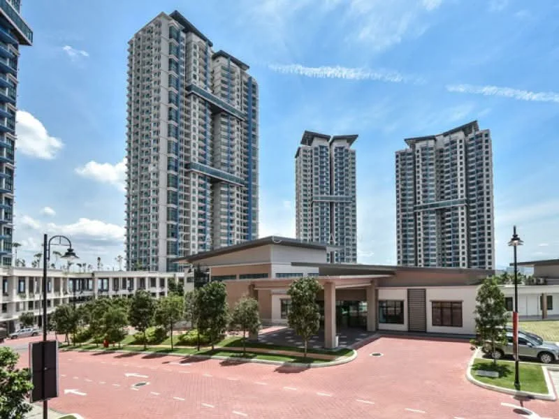Exterior type: high-rise condominium; features: multiple high-rise buildings, modern architectural design, landscaped garden with trees, paved driveway, outdoor lighting, open parking area, main entrance with covered drop-off, surrounded by greenery, blue sky with few clouds; style: modern.