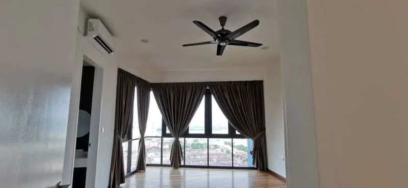 Room features: floor-to-ceiling windows, dark brown curtains, 5-blade ceiling fan, light-colored walls, wooden flooring, air conditioning unit, city view, recessed ceiling lights; style: modern; view: city.
