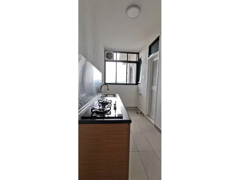 Kitchen features: black countertop, wood cabinetry, gas stove with 2 burners, stainless-steel sink, single-bowl sink, window with view, wall-mounted split AC, tile flooring, white walls, recessed ceiling light; style: modern; view: city.