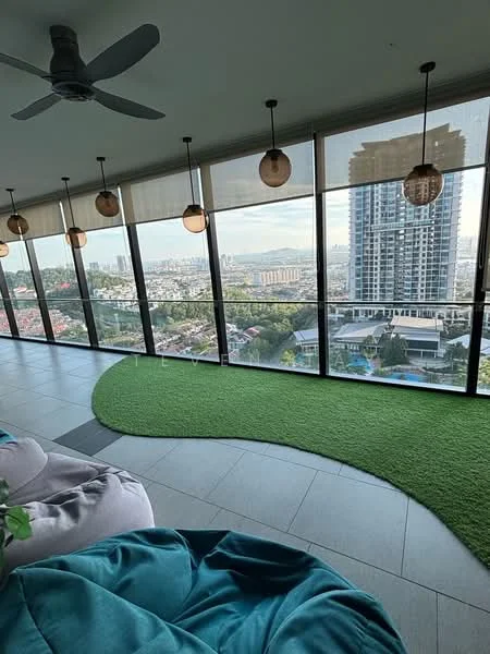 Room features: floor-to-ceiling windows, city skyline view, green carpet, ceiling fan, hanging pendant lights, modern furniture, open layout, natural light; style: modern; view: city.