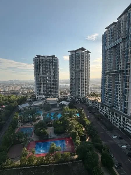 Exterior type: high-rise condominium; features: multiple high-rise buildings, swimming pools, tennis courts, landscaped gardens, manicured lawns, surrounding urban skyline, outdoor recreational areas; style: modern.