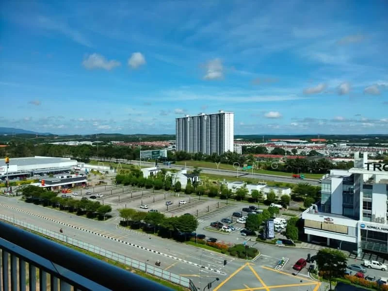 Exterior type: high-rise condominium; features: city skyline view, surrounded by greenery, open-air parking lot, multi-storey car park, commercial buildings nearby, wide road access; style: modern.
