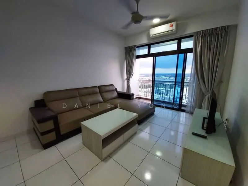 Living features: L-shape sectional sofa in beige, coffee table, TV console, wall-mounted TV, floor-to-ceiling windows, sliding glass door, sheer curtains, white painted walls, white tiled flooring, ceiling fan, air conditioning unit; style: modern; view: city.