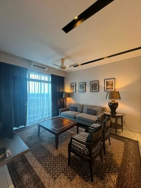 Living features: 3-seater fabric sofa in grey, coffee table with dark wood finish, 2 accent chairs with striped upholstery, area rug with geometric pattern, wall-mounted TV, floor-to-ceiling windows, blackout curtains, recessed downlights, ceiling fan with light, framed artwork on walls; style: modern; view: city.