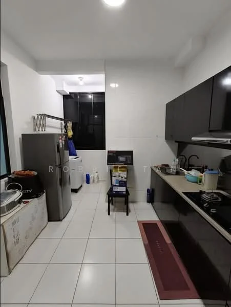 Kitchen features: white tiled walls, white tiled flooring, black cabinetry, stainless-steel fridge, built-in oven, 4-burner gas hob, stainless-steel sink, chrome pull-down faucet, countertop with backsplash, kitchen island, open shelving, window with view to outside, ceiling light fixture; style: modern.