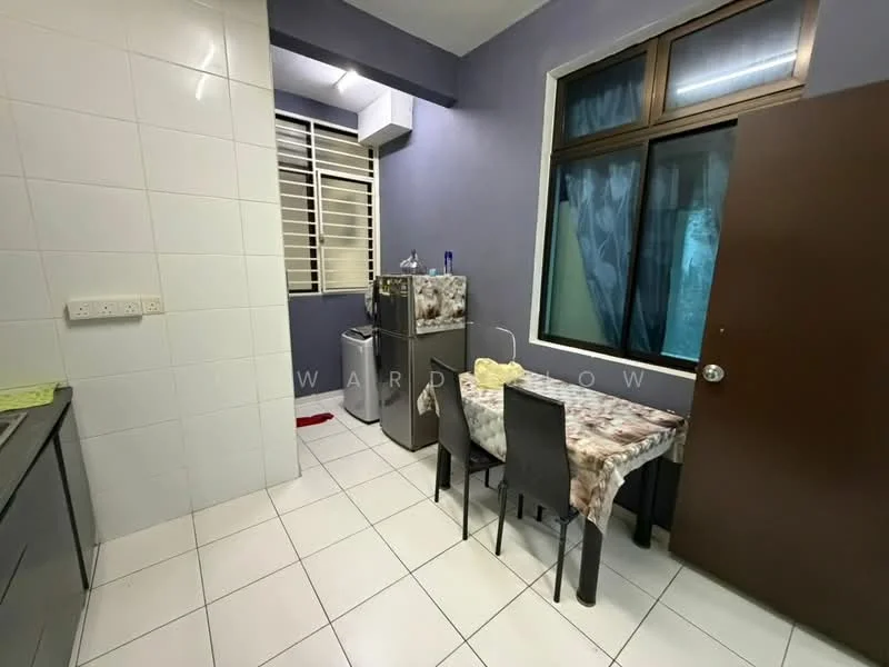 Kitchen features: white tiled walls, grey cabinetry, stainless-steel fridge, washing machine, white tiled flooring, small dining table with floral tablecloth, black dining chairs, window with sheer curtains, sink, countertop, light fixture; style: modern.