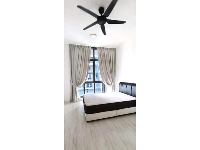 Bedroom features: queen-size bed, upholstered headboard, floor-to-ceiling windows, sheer curtains, 5-blade ceiling fan, light-colored wood flooring, white painted walls, decorative ceiling light; style: modern.
