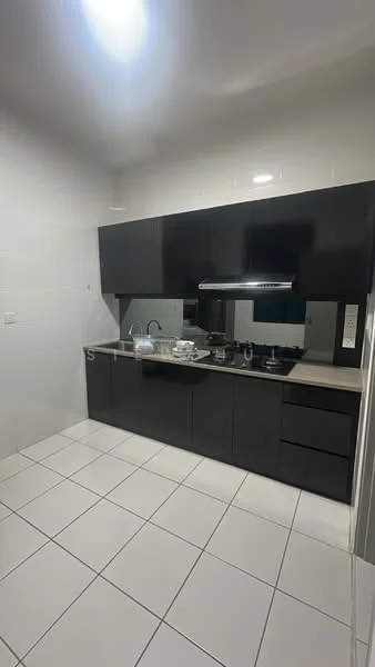 Kitchen features: black cabinetry, white countertop, stainless-steel sink, chrome pull-down faucet, built-in gas hob, exhaust hood, wall-mounted cabinets, tile backsplash, white tiled flooring, recessed lighting; style: modern.
