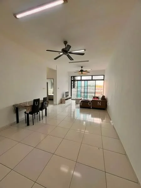 Living features: white painted walls, glossy tile flooring, 5-blade ceiling fan with light, 2 ceiling fans, large sliding glass door, floor-to-ceiling windows, dining table with 4 chairs, sofa, TV console, decorative mirror; style: modern; view: city.