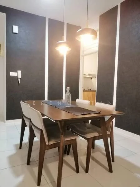 Dining features: wood dining table, 4 dining chairs, pendant lighting, black accent wall, white tiled flooring, wall-mounted intercom, open kitchen view, decorative bottle on table; style: modern.
