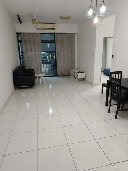 Living features: white painted walls, glossy white tile flooring, 5-blade ceiling fan, recessed downlights, floor-to-ceiling windows, sliding glass door, sheer curtains, black leather sofa, white coffee table, dining table with black chairs, balcony view; style: modern; view: garden.