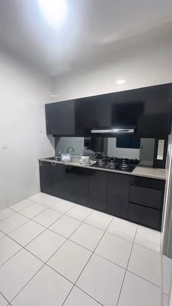 Kitchen features: black cabinetry, white countertop, stainless-steel sink, chrome pull-down faucet, built-in gas hob, built-in range hood, wall-mounted cabinets, tile backsplash, ceramic tile flooring, recessed downlights; style: modern.