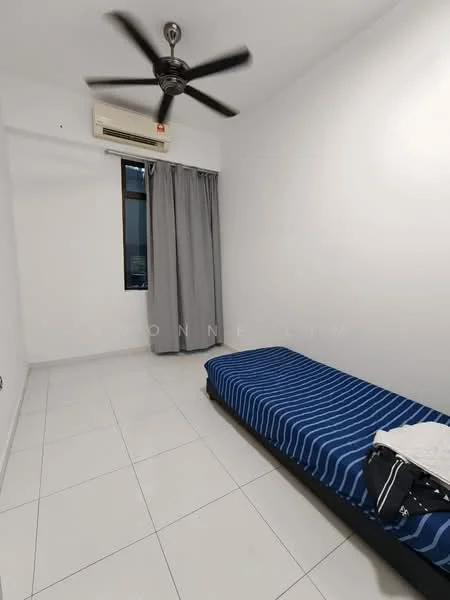 Bedroom features: single bed with blue striped bedding, white painted walls, white tiled flooring, 1 wall-mounted split AC, 5-blade ceiling fan, floor-to-ceiling window with sheer curtains, grey curtain, blanket on bed, small towel on bed; style: modern.