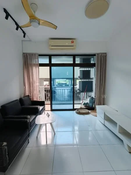 Living features: black leather sofa, white coffee table, wall-mounted TV console, floor-to-ceiling windows, sliding glass door, curtains, 1 wall-mounted split AC, white tiled flooring, ceiling fan with light, decorative broom, open view to balcony; style: modern.