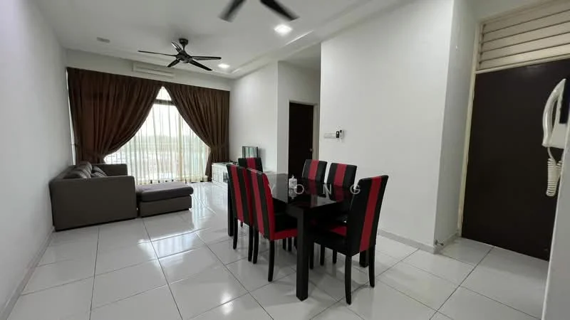 Living features: grey fabric sofa, 4-seater dining table with black surface, red and black upholstered dining chairs, white tiled flooring, floor-to-ceiling windows, sheer curtains, ceiling fan with light, wall-mounted intercom, decorative wall paneling, natural light from windows; style: modern; view: city.