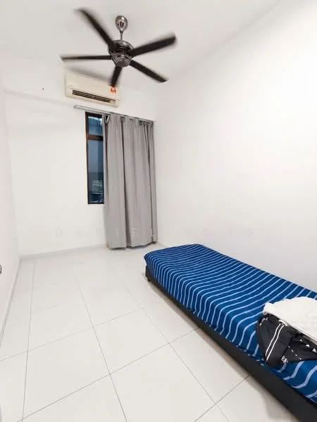 Bedroom features: single bed with blue striped bedding, white painted walls, white tiled flooring, 5-blade ceiling fan, 1 wall-mounted split AC, floor-to-ceiling window with sheer curtains, grey curtains, minimalist decor; style: modern.