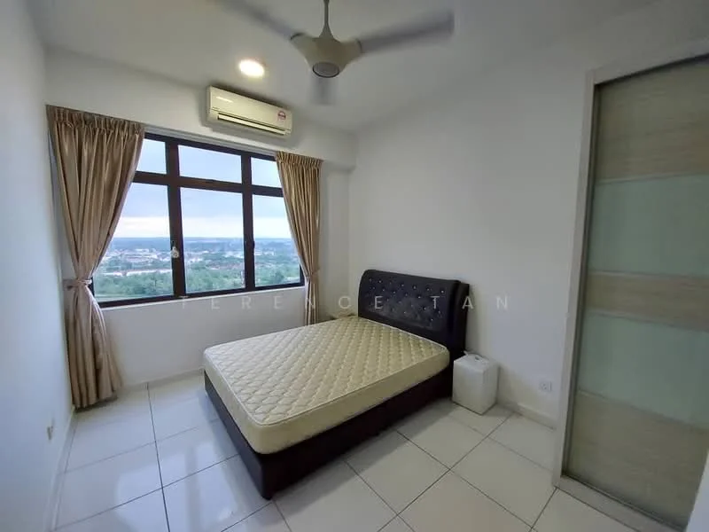 Bedroom features: queen-size bed, upholstered headboard, white walls, white ceiling, floor-to-ceiling windows, curtains, air conditioning unit, ceiling fan, tile flooring, nightstand; style: modern; view: city.