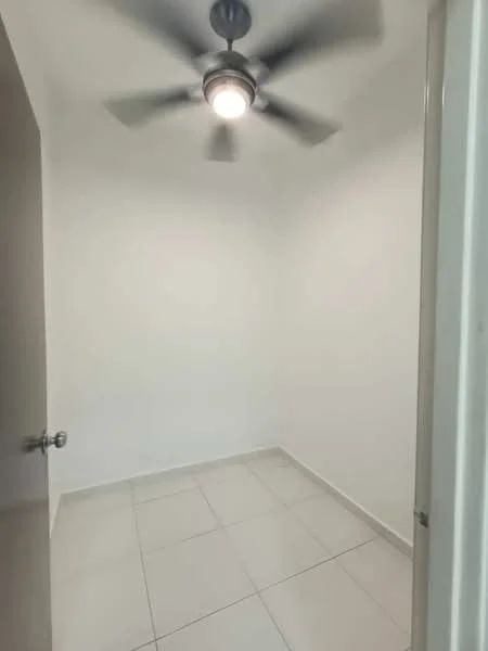 Room features: white painted walls, tile flooring, ceiling fan with light, single door, neutral color scheme; style: modern.